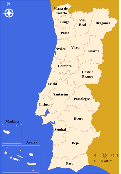 Mapa distritos de Portugal